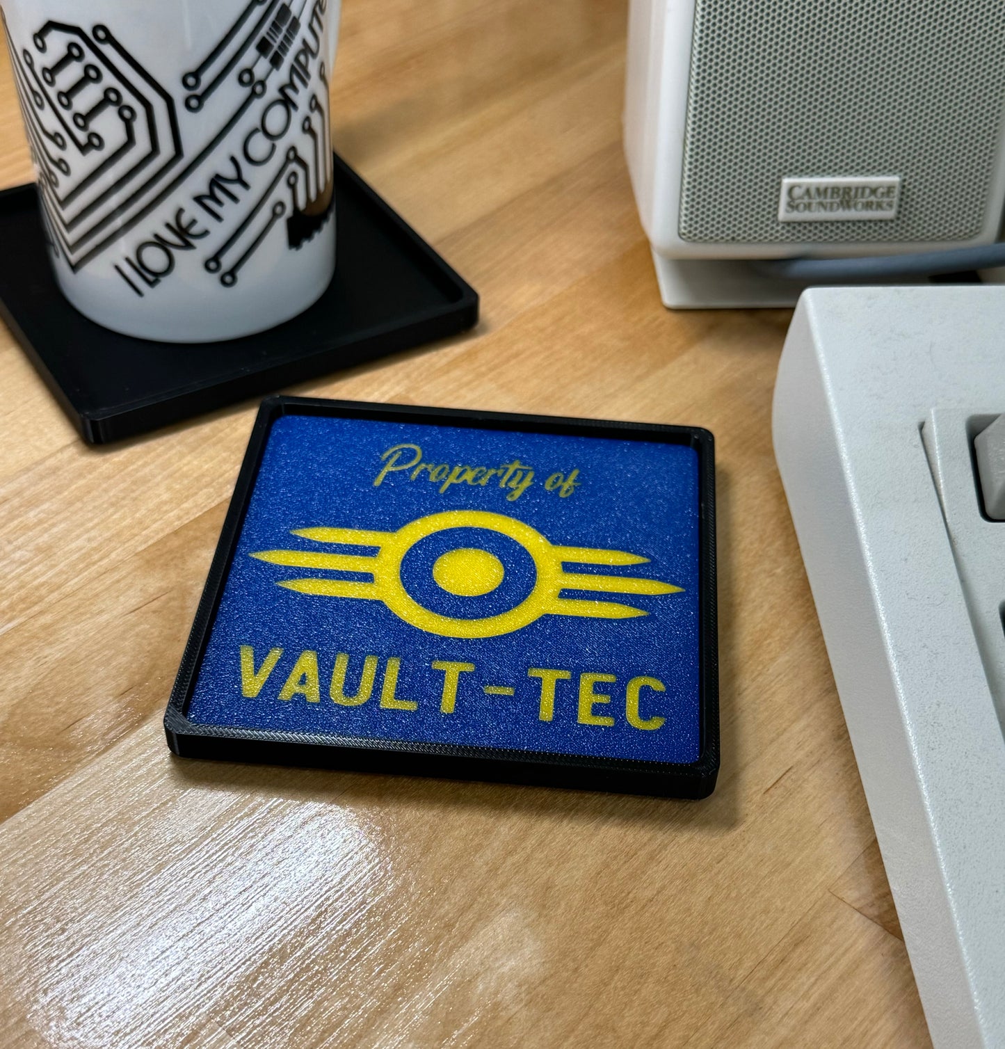 Fallout > Property of VAULT-TEC < Drink Coaster - Blue/Yellow w Black Border