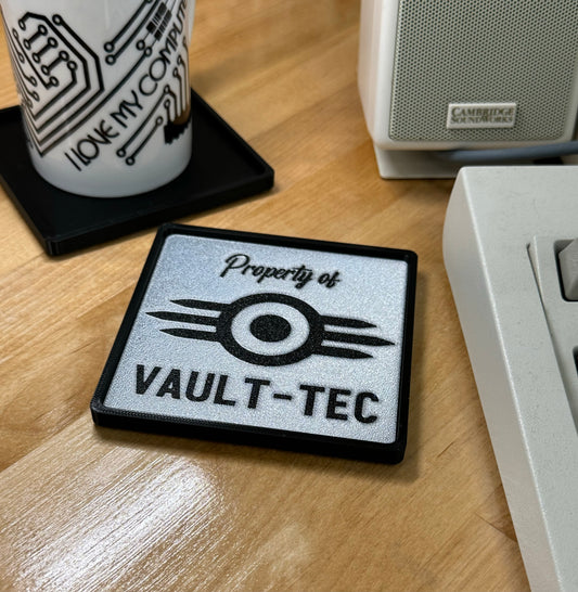 Fallout > Property of VAULT-TEC < Drink Coaster - Silver/Black w Black Border