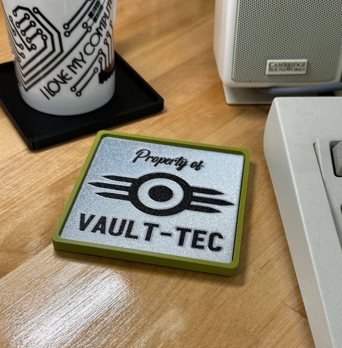 Fallout > Property of VAULT-TEC < Drink Coaster - Silver/Black w Green Border