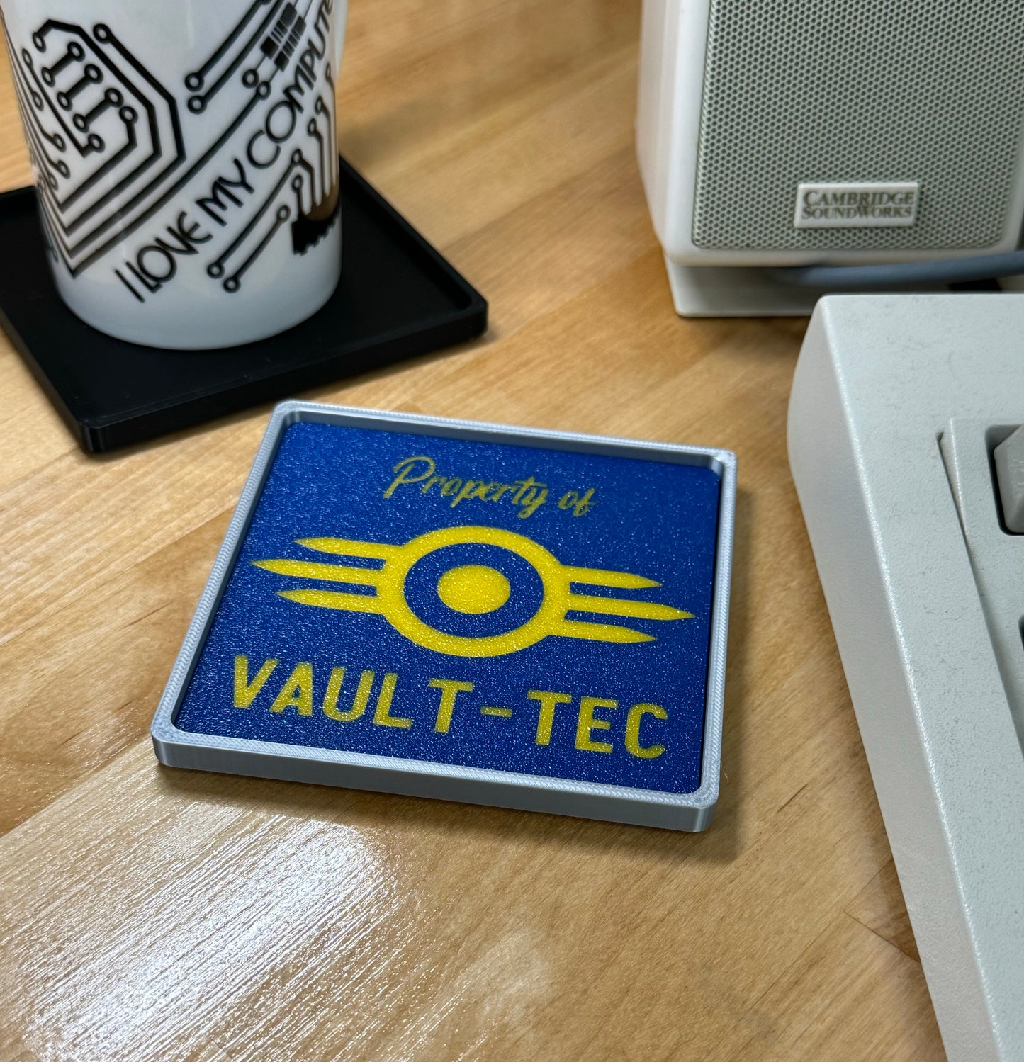 Fallout > Property of VAULT-TEC < Drink Coaster - Blue/Yellow w Silver Border