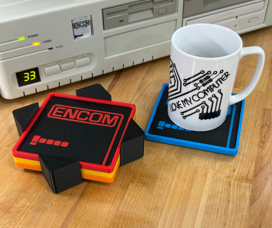 Tron > ENCOM < 4 Drink Coaster SET - Blue/Red/Orange/Yellow