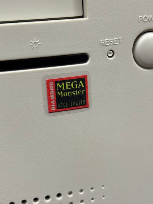 Diamond MEGA MONSTER Accelerated 3DFx Video Graphics Case Badge Sticker Blk/Grn - Clear