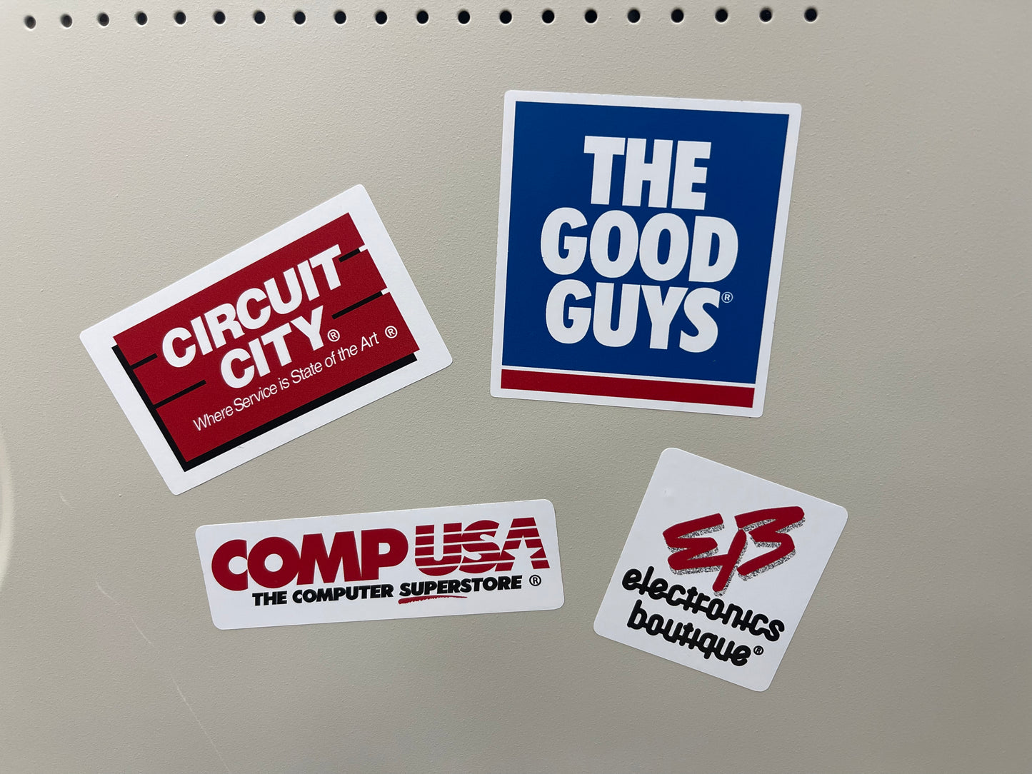 90s Electronics Stores Sticker Assortment CompUSA etc…(4)